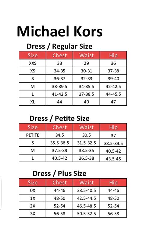 Michael Kors jeans size chart